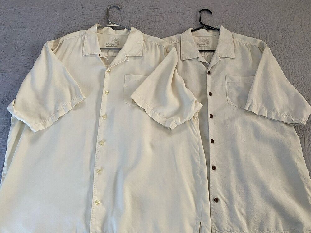 Two Tommy Bahama Sz XL 100% Silk Textured & Contrast Trim Button Up SS Shirts